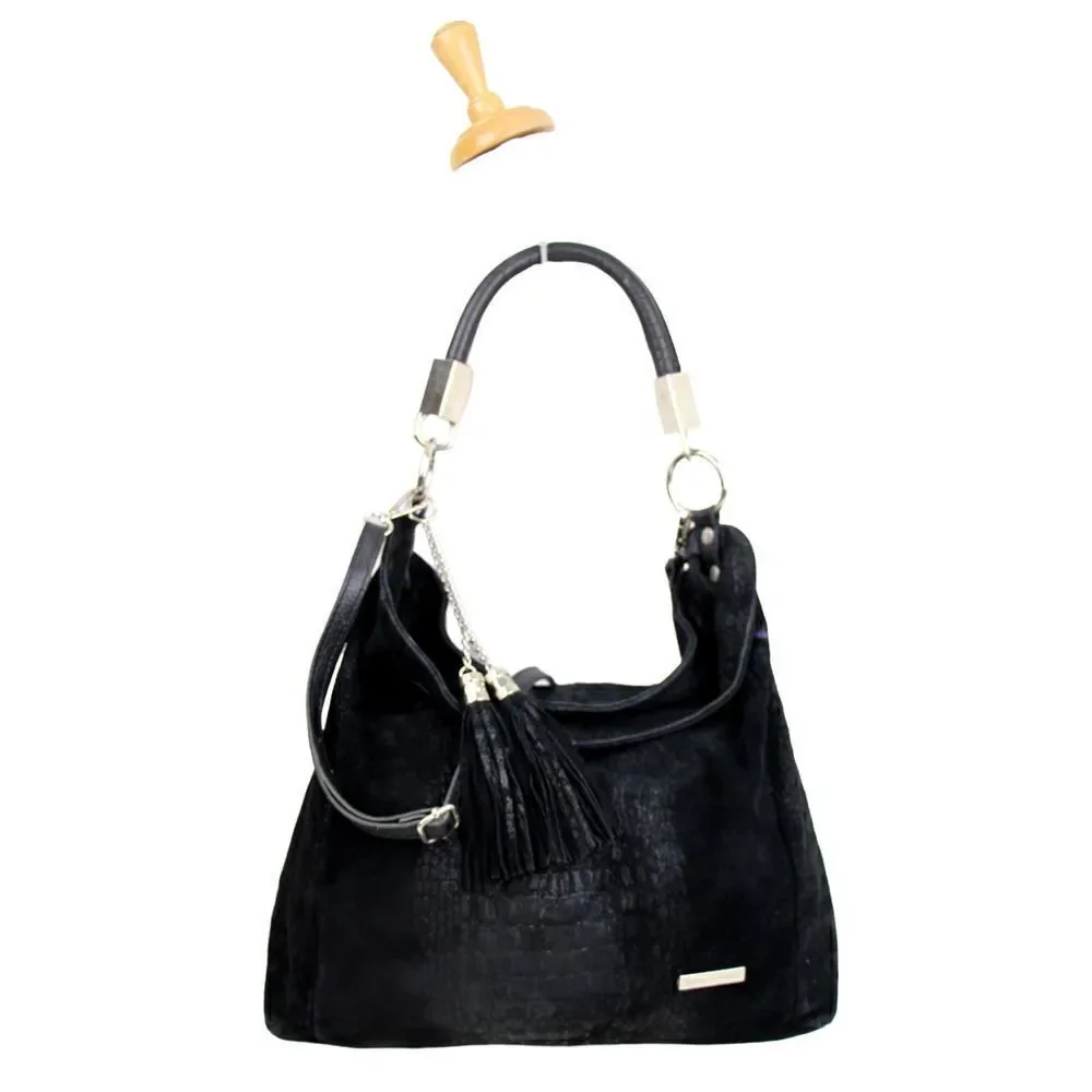 SOFIA CARDONI MADE IN ITALY BLACK SUEDE CROCO PRINT SHOULDER BAG HANDBAG HOBO